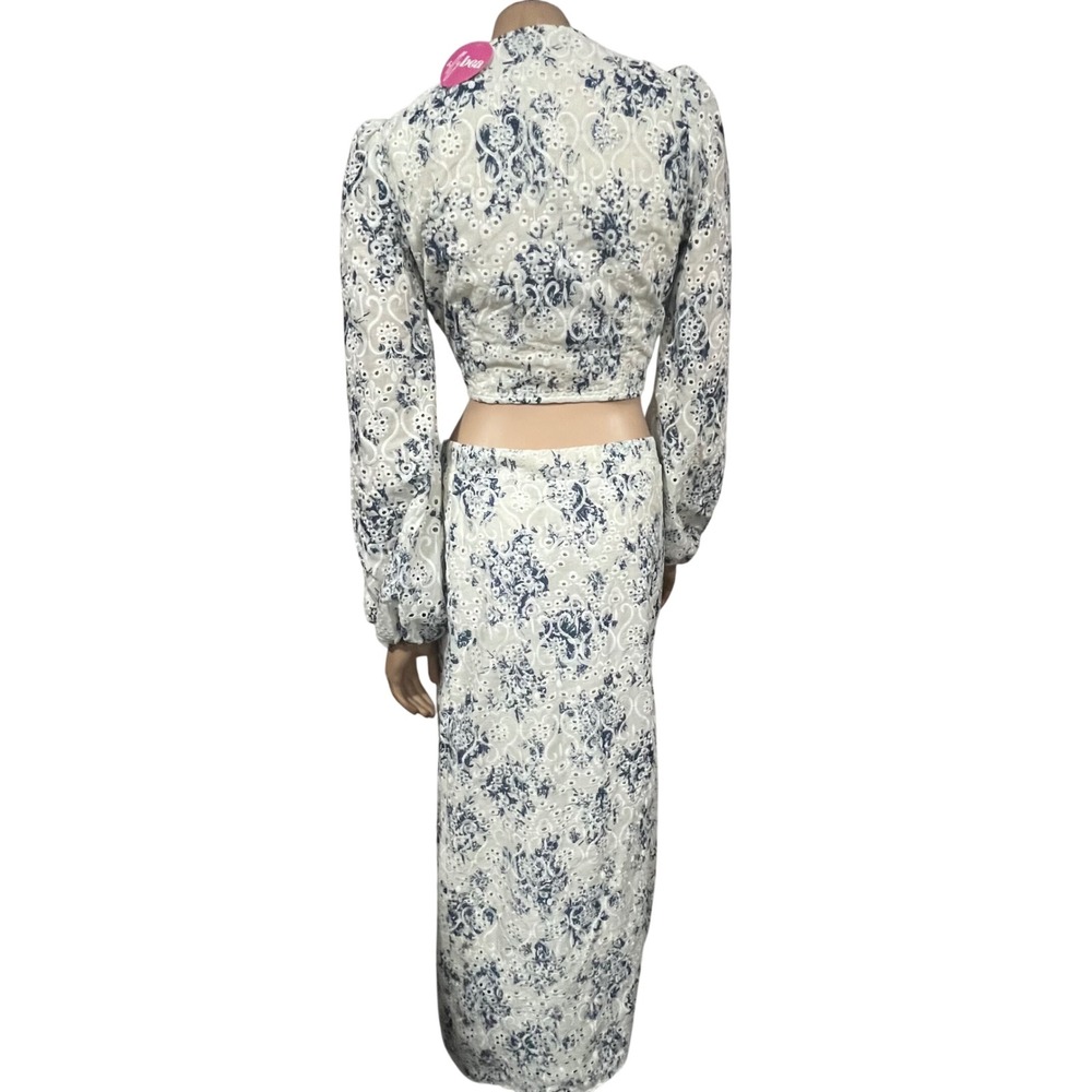 Lalavon Blue White Toile Eyelet Lace 2 Piece Set Crop Top Maxi Skirt Coquette L - Picture 7 of 9